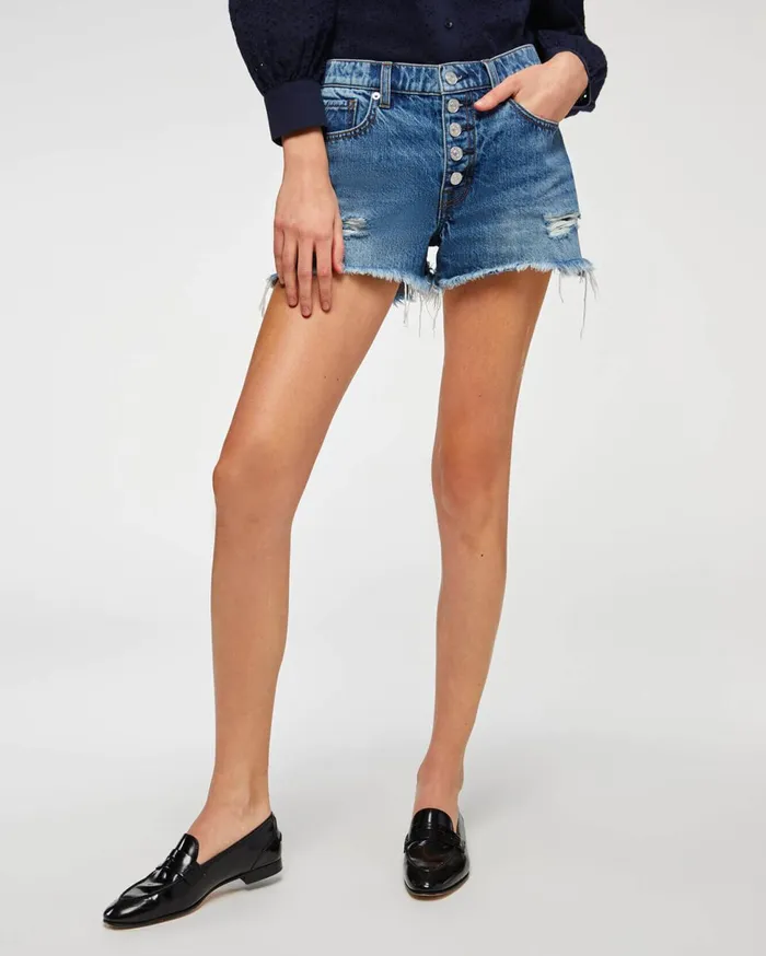 Shorts and Skirts Women 7 For All Mankind Monroe CutOff Short With Exposed Buttons In Pisces Blue Pisces Blue