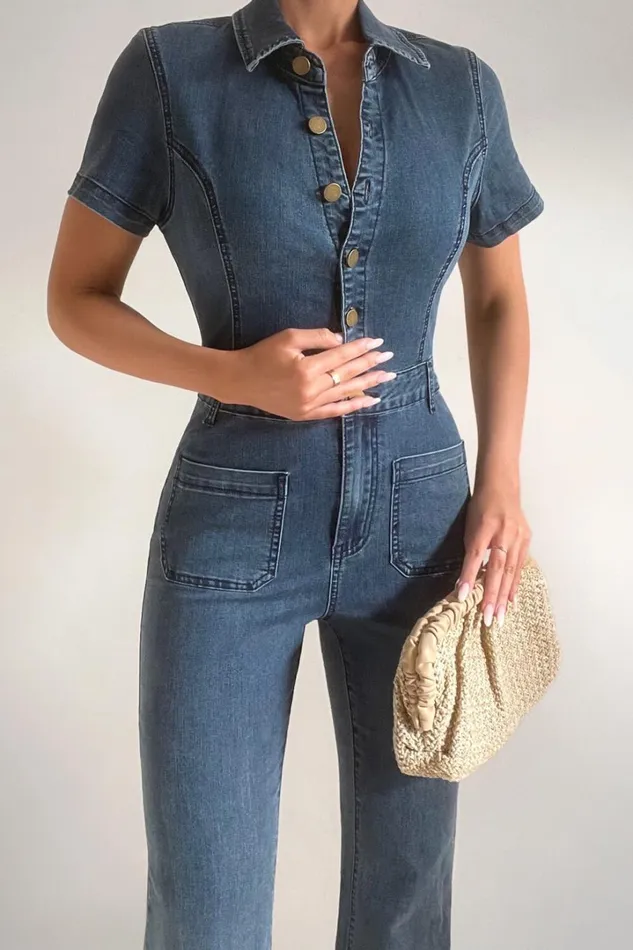 Silvena Jumpsuit 8211 Short Sleeve Flared Denim Jumpsuit In Indigo Wash Women Showpo Jumpsuits Silvena Jumpsuit 8211 Short Sleeve Flared Denim Jumpsuit In Indigo Wash Women Showpo Jumpsuits