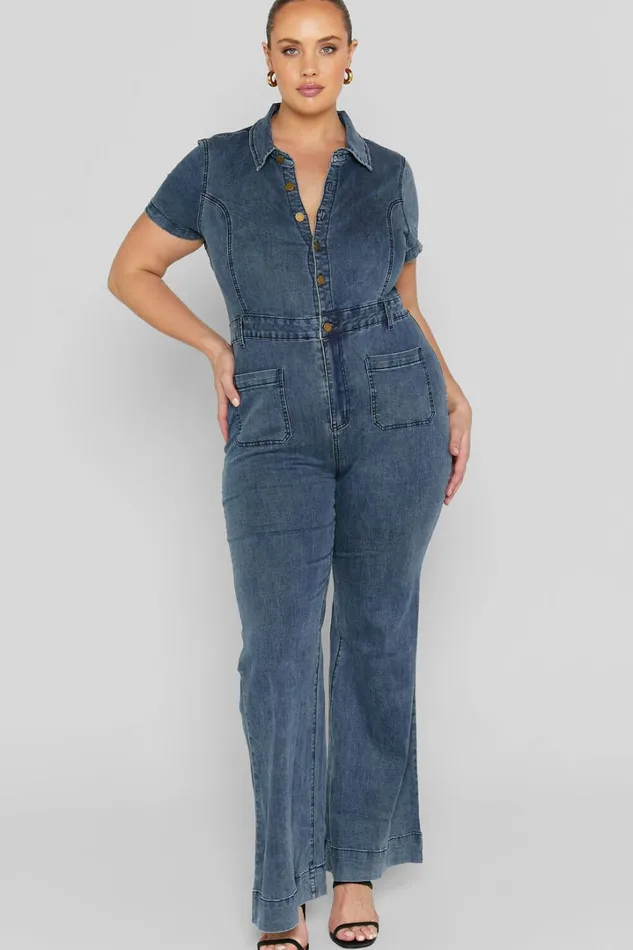 Silvena Jumpsuit 8211 Short Sleeve Flared Denim Jumpsuit In Indigo Wash Women Showpo Jumpsuits