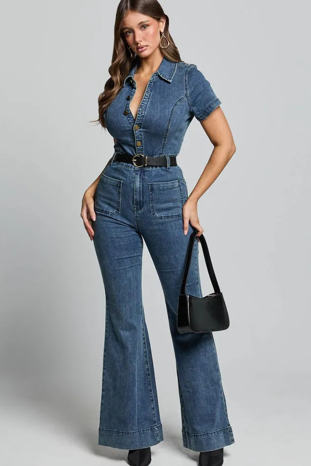 Silvena Jumpsuit 8211 Short Sleeve Flared Denim Jumpsuit In Indigo Wash Women Showpo Jumpsuits