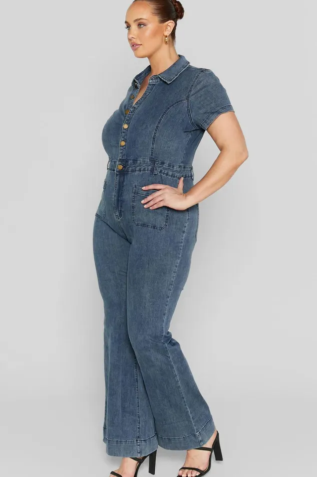 Silvena Jumpsuit 8211 Short Sleeve Flared Denim Jumpsuit In Indigo Wash Women Showpo Jumpsuits