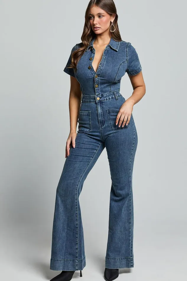 Silvena Jumpsuit 8211 Short Sleeve Flared Denim Jumpsuit In Indigo Wash Women Showpo Jumpsuits