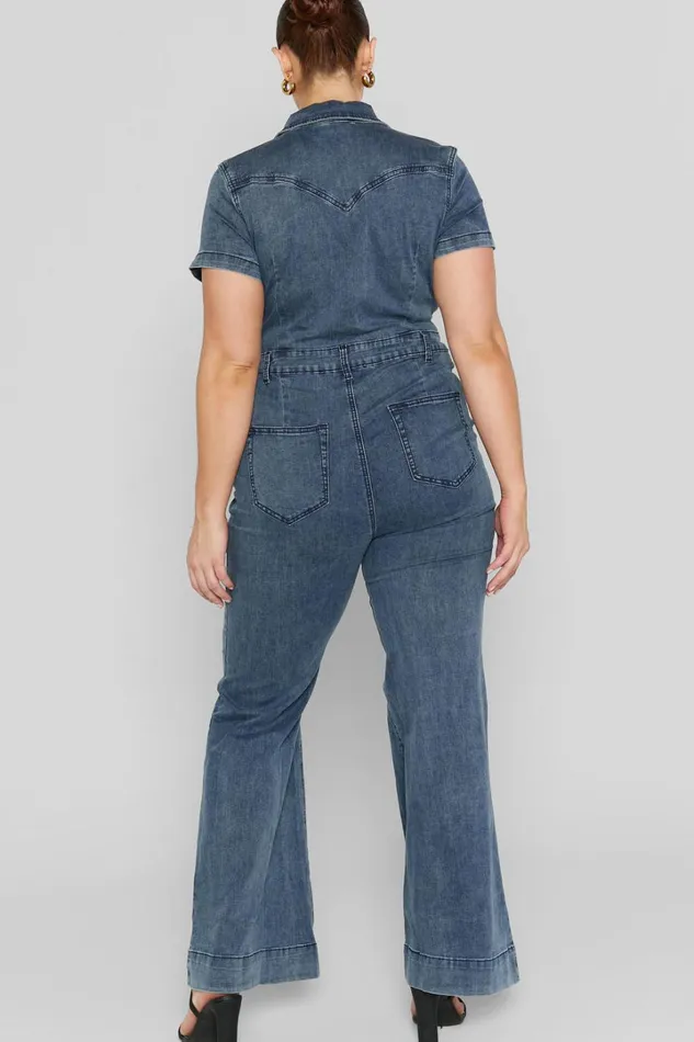 Silvena Jumpsuit 8211 Short Sleeve Flared Denim Jumpsuit In Indigo Wash Women Showpo Jumpsuits