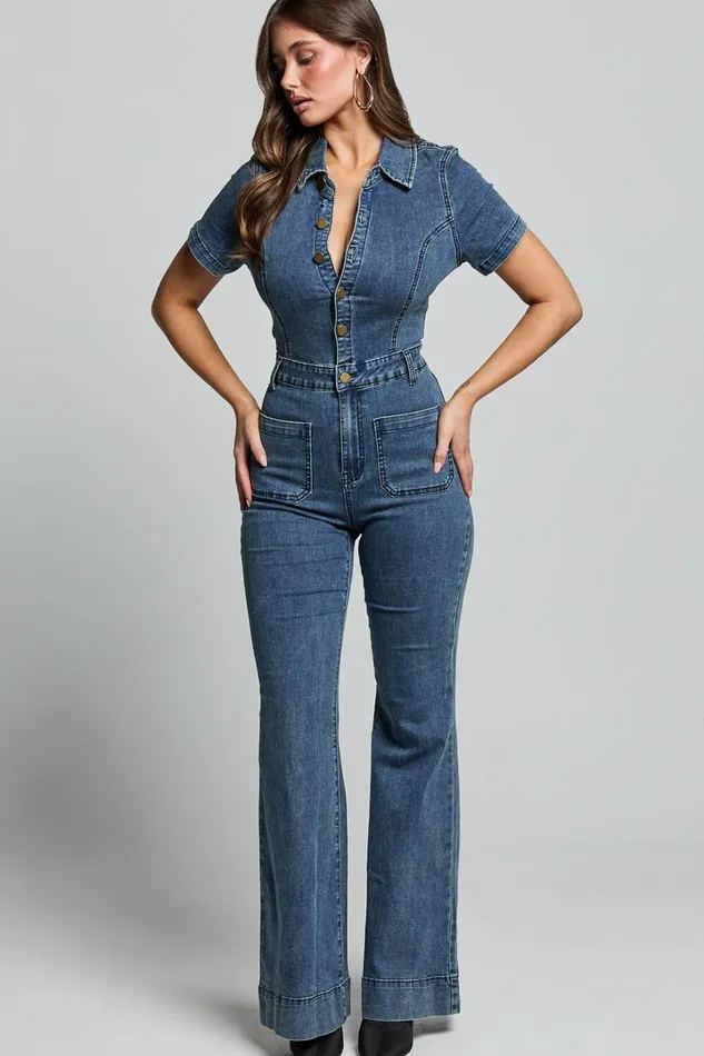Silvena Jumpsuit 8211 Short Sleeve Flared Denim Jumpsuit In Indigo Wash Women Showpo Jumpsuits