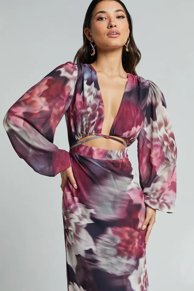 Sinclair Midi Dress 8211 Plunge Bishop Sleeve Cut Out Dress In Mariache Rose Print Women Showpo Dresses