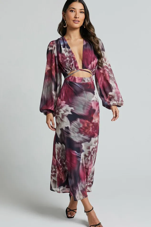 Sinclair Midi Dress 8211 Plunge Bishop Sleeve Cut Out Dress In Mariache Rose Print Women Showpo Dresses