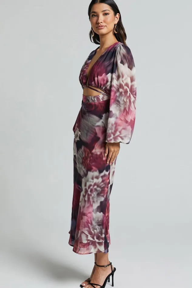Sinclair Midi Dress 8211 Plunge Bishop Sleeve Cut Out Dress In Mariache Rose Print Women Showpo Dresses