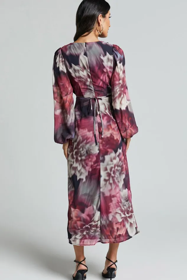 Sinclair Midi Dress 8211 Plunge Bishop Sleeve Cut Out Dress In Mariache Rose Print Women Showpo Dresses