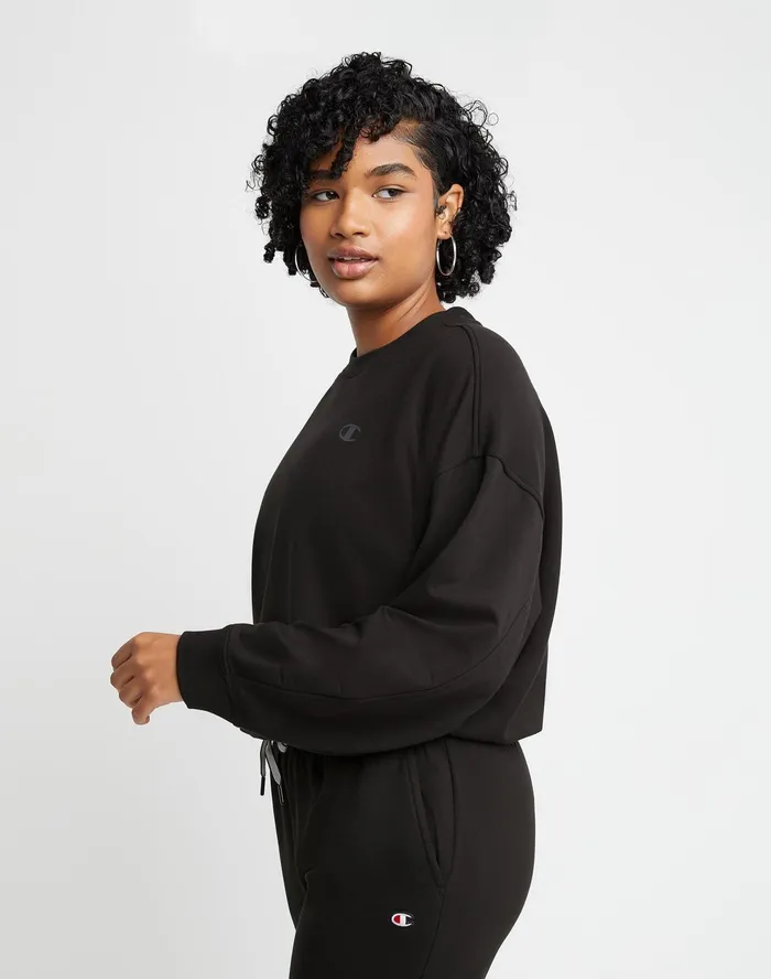 Soft Touch Drawstring Crewneck Sweatshirt C Logo Black Women Champion Hoodies and Sweatshirts
