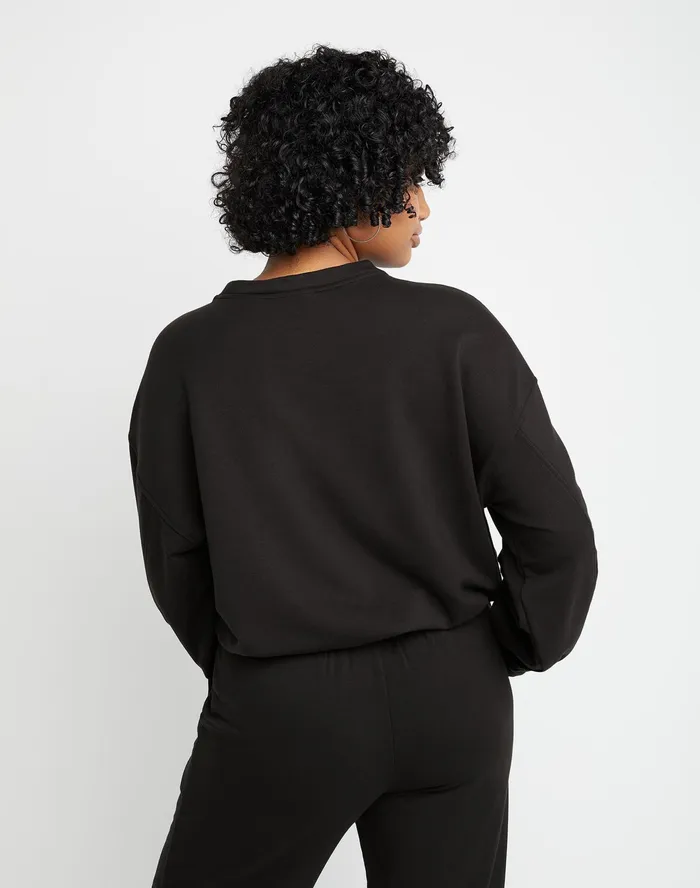 Soft Touch Drawstring Crewneck Sweatshirt C Logo Black Women Champion Hoodies and Sweatshirts