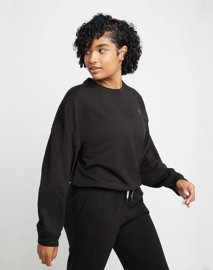 Soft Touch Drawstring Crewneck Sweatshirt C Logo Black Women Champion Hoodies and Sweatshirts