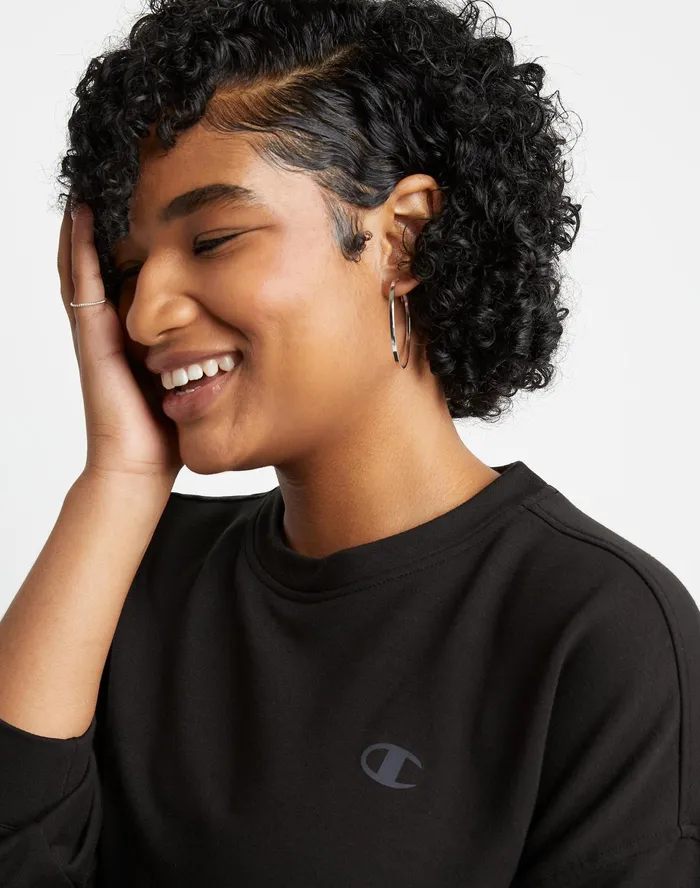 Soft Touch Drawstring Crewneck Sweatshirt C Logo Black Women Champion Hoodies and Sweatshirts
