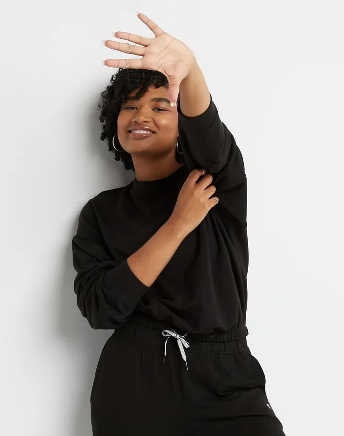 Soft Touch Drawstring Crewneck Sweatshirt C Logo Black Women Champion Hoodies and Sweatshirts