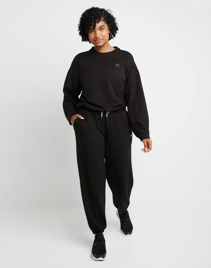 Soft Touch Drawstring Crewneck Sweatshirt C Logo Black Women Champion Hoodies and Sweatshirts