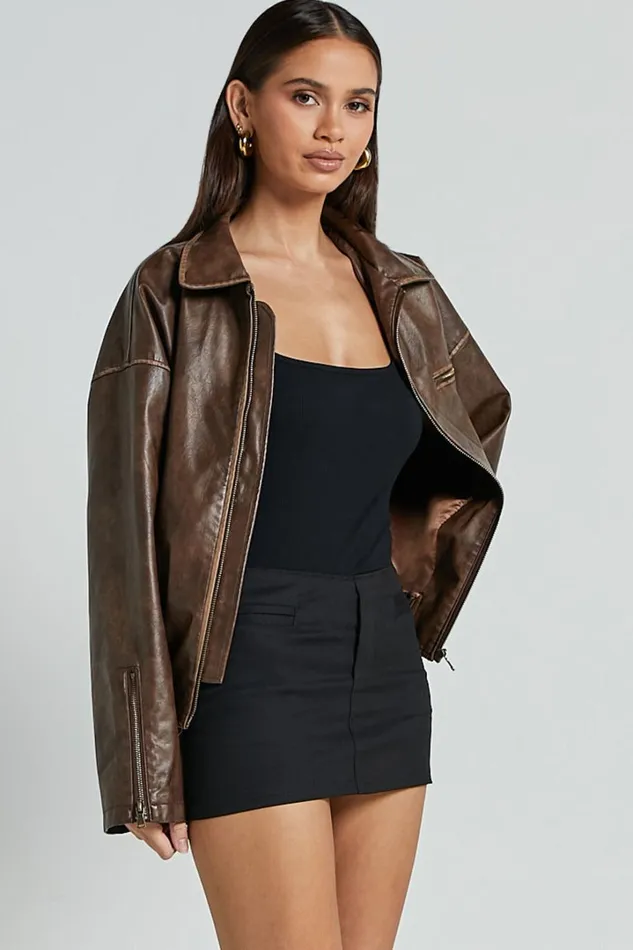 Sophia Jacket 8211 Crop PU Bomber Jacket In Brown Women Showpo Jackets and Coats