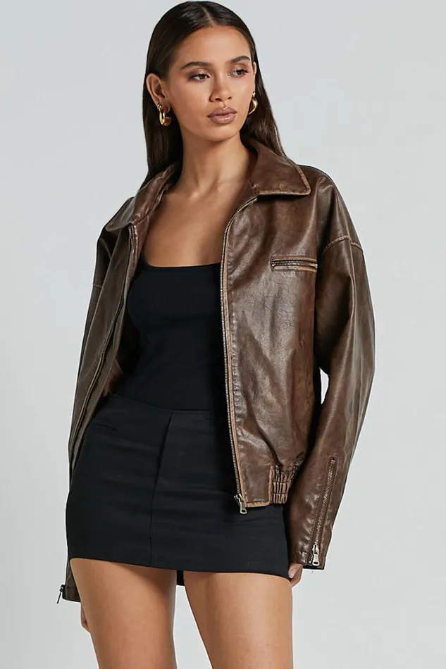 Sophia Jacket 8211 Crop PU Bomber Jacket In Brown Women Showpo Jackets and Coats