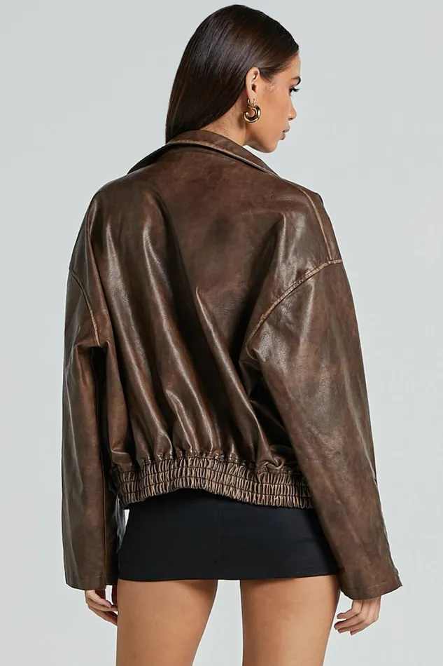 Sophia Jacket 8211 Crop PU Bomber Jacket In Brown Women Showpo Jackets and Coats