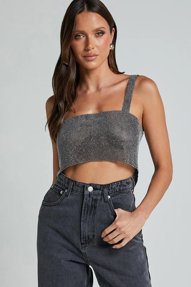 Starry Nights Top 8211 Mesh Cropped Top In Black and Silver Women Showpo Tops