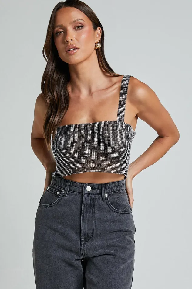 Starry Nights Top 8211 Mesh Cropped Top In Black and Silver Women Showpo Tops