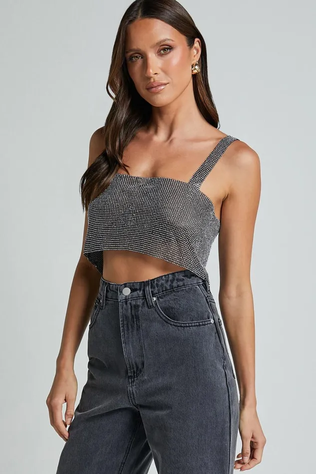 Starry Nights Top 8211 Mesh Cropped Top In Black and Silver Women Showpo Tops