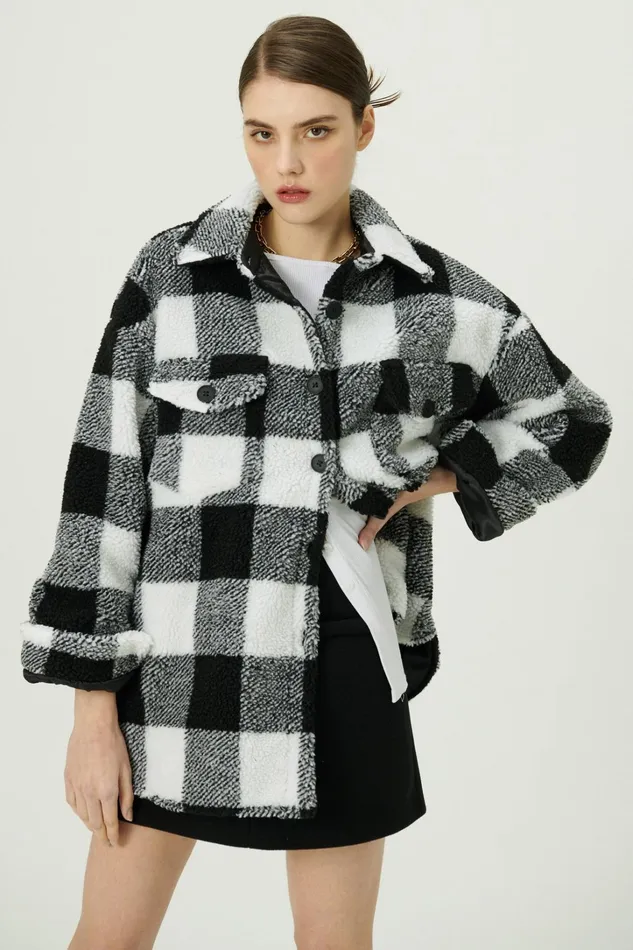 Storets Taylor Checkerboard Teddy Shacket Women Jackets and Coats