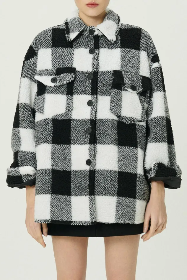 Storets Taylor Checkerboard Teddy Shacket Women Jackets and Coats