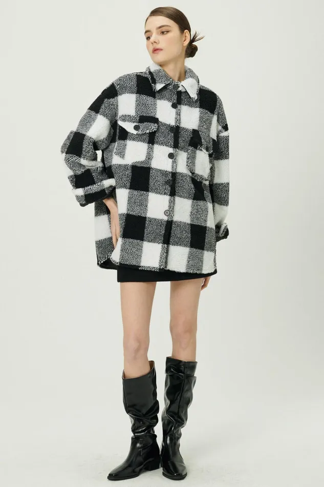 Storets Taylor Checkerboard Teddy Shacket Women Jackets and Coats