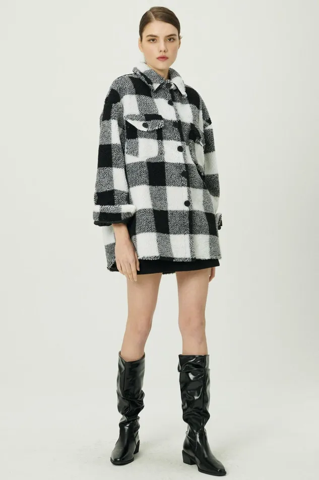 Storets Taylor Checkerboard Teddy Shacket Women Jackets and Coats