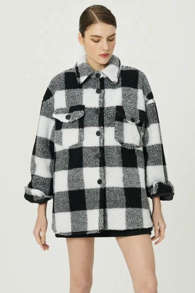 Storets Taylor Checkerboard Teddy Shacket Women Jackets and Coats