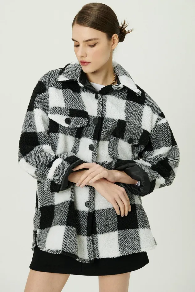 Storets Taylor Checkerboard Teddy Shacket Women Jackets and Coats