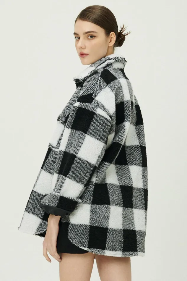 Storets Taylor Checkerboard Teddy Shacket Women Jackets and Coats