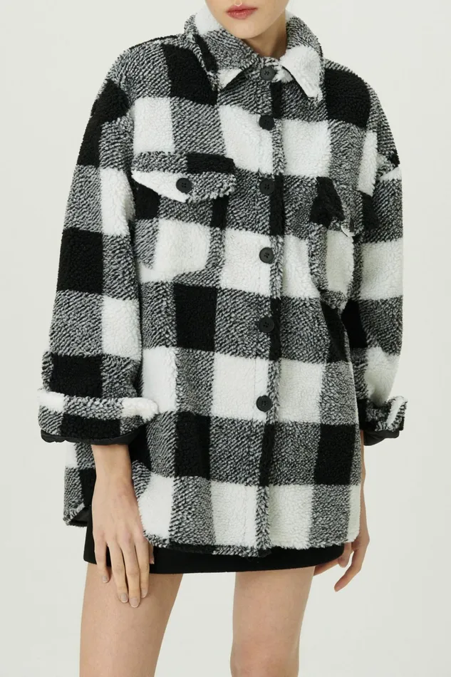 Storets Taylor Checkerboard Teddy Shacket Women Jackets and Coats