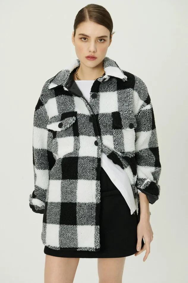 Storets Taylor Checkerboard Teddy Shacket Women Jackets and Coats