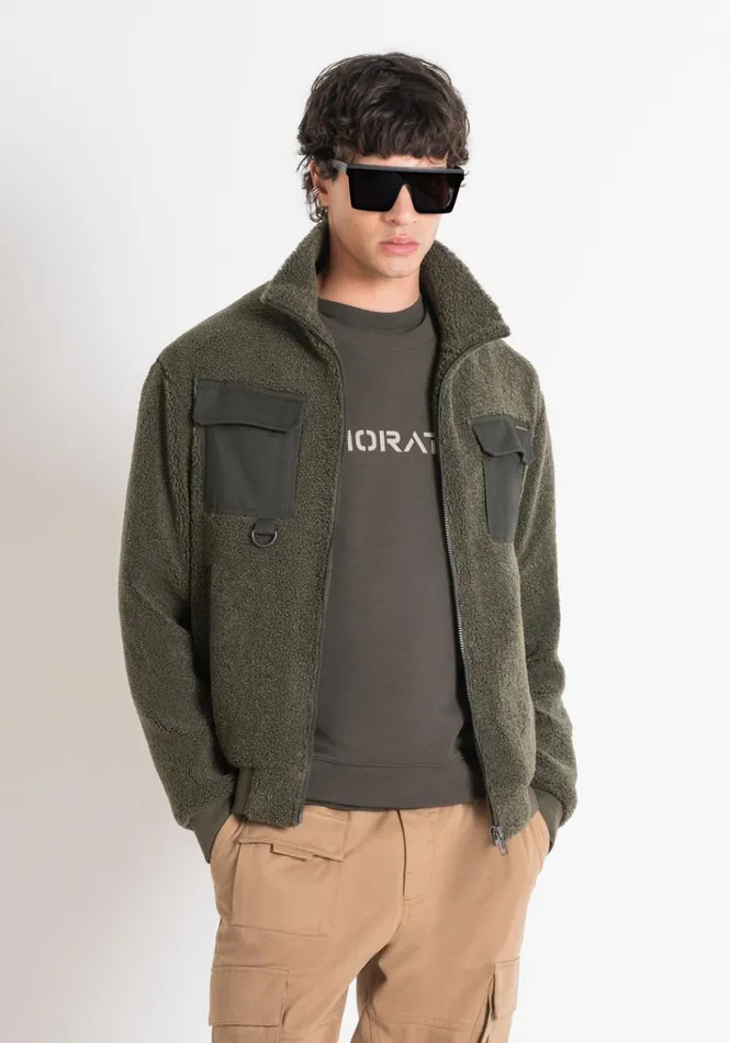 Sweatshirts Men Antony Morato Sherpa Effect Regular Fit Zip Sweatshirt Army Green