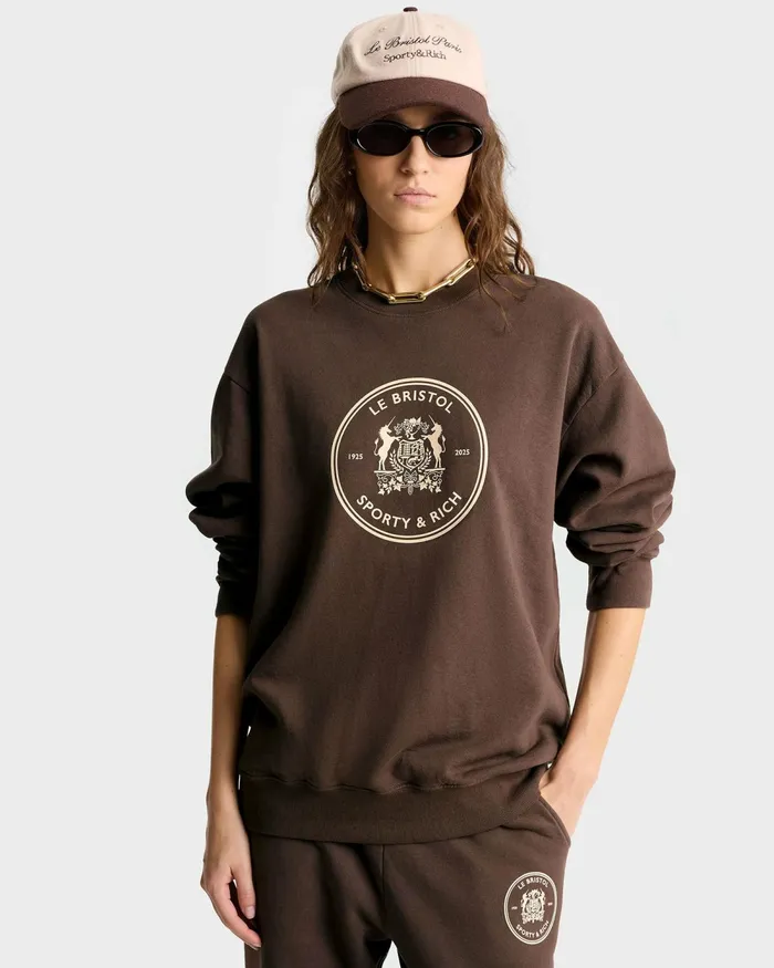 Sweatshirts Women Sporty and Rich Bristol Crest 100th Crewneck 8211 ChocolateCream