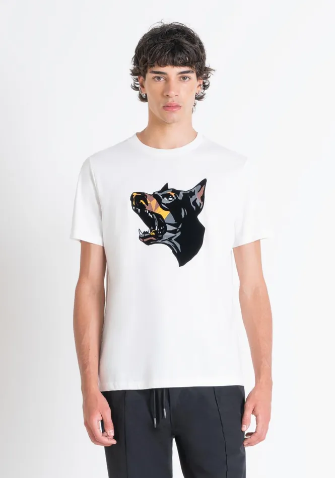 TShirts And Polo Men Antony Morato Regular Fit TShirt In White Cotton Jersey With Dobermann Print Cream TShirts And Polo Men Antony Morato Regular Fit TShirt In White Cotton Jersey With Dobermann Print Cream