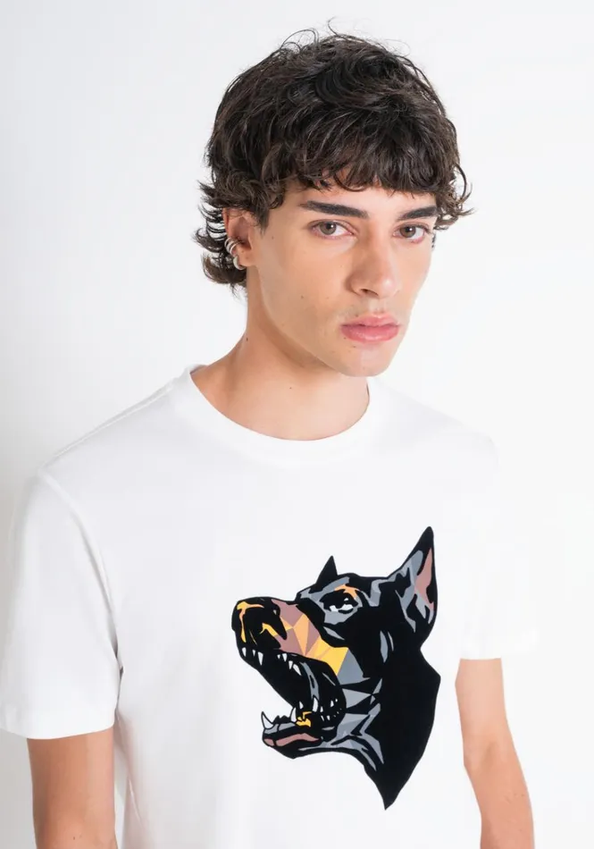 TShirts And Polo Men Antony Morato Regular Fit TShirt In White Cotton Jersey With Dobermann Print Cream