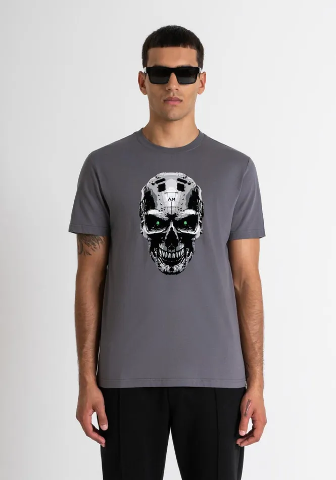 TShirts And Polo Men Antony Morato Slim Fit TShirt In Grey Cotton Jersey With Cyber Skull Print Anthracite TShirts And Polo Men Antony Morato Slim Fit TShirt In Grey Cotton Jersey With Cyber Skull Print Anthracite