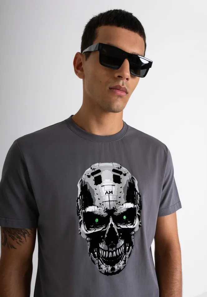 TShirts And Polo Men Antony Morato Slim Fit TShirt In Grey Cotton Jersey With Cyber Skull Print Anthracite