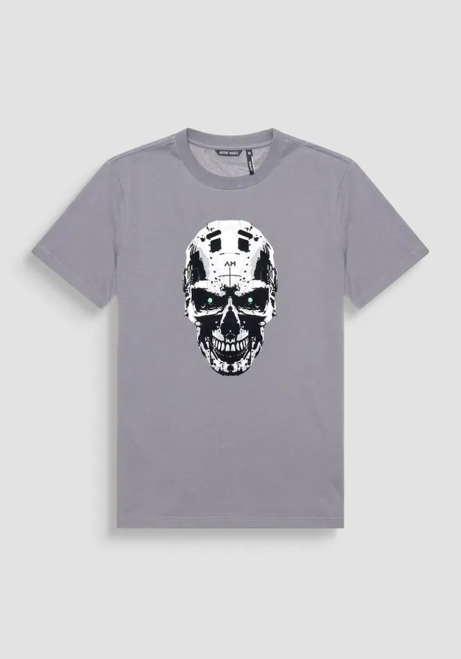 TShirts And Polo Men Antony Morato Slim Fit TShirt In Grey Cotton Jersey With Cyber Skull Print Anthracite