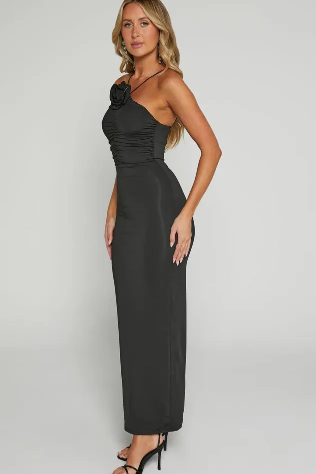 Teagan Midi Dress 8211 Bodycon Ruched Asymmetric Strap Rosette Dress In Black Women Showpo Dresses
