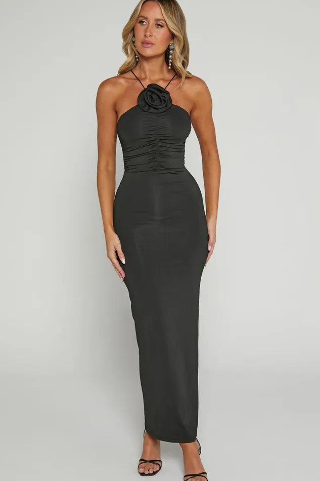 Teagan Midi Dress 8211 Bodycon Ruched Asymmetric Strap Rosette Dress In Black Women Showpo Dresses