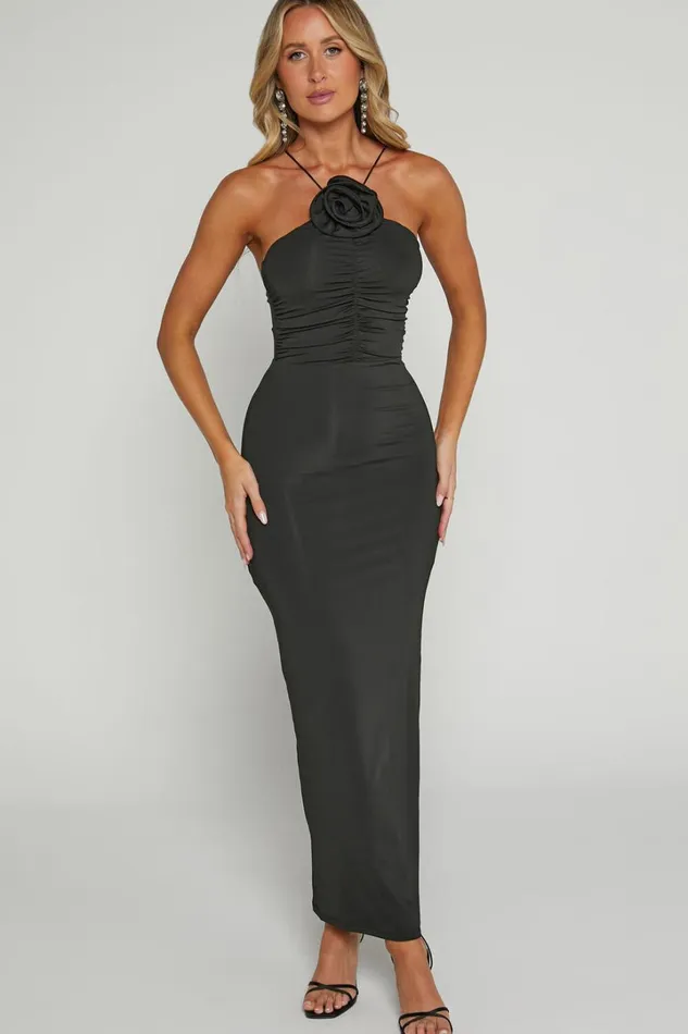 Teagan Midi Dress 8211 Bodycon Ruched Asymmetric Strap Rosette Dress In Black Women Showpo Dresses