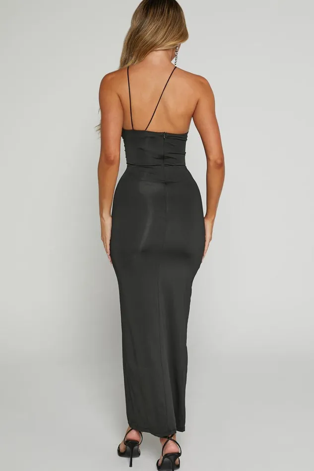 Teagan Midi Dress 8211 Bodycon Ruched Asymmetric Strap Rosette Dress In Black Women Showpo Dresses