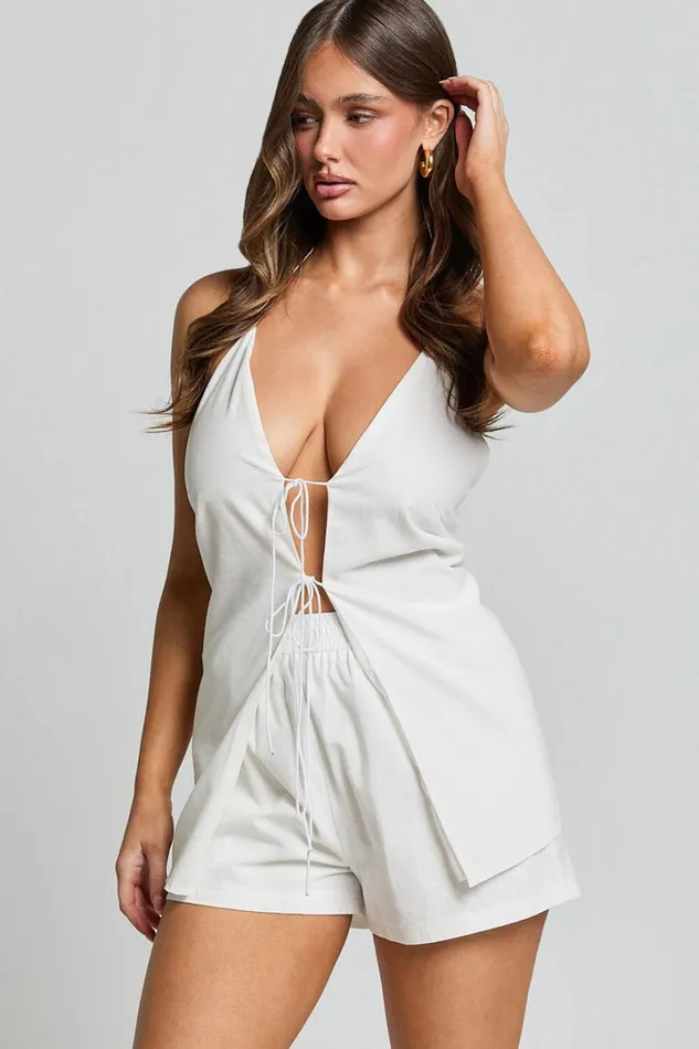 Terri Two Piece Set 8211 Halter Neck Tie Front Top And Shorts Set In White Women Showpo Dresses