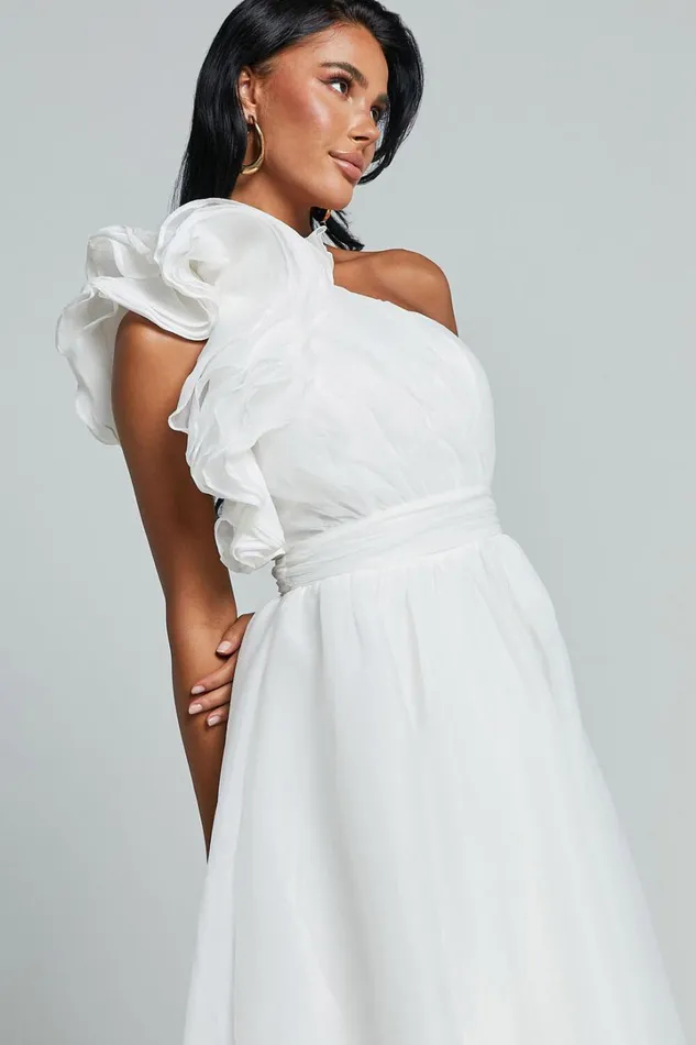 Tia Midi Dress 8211 One Shoulder Frill Detail Fit and Flare Dress In White Women Showpo Dresses