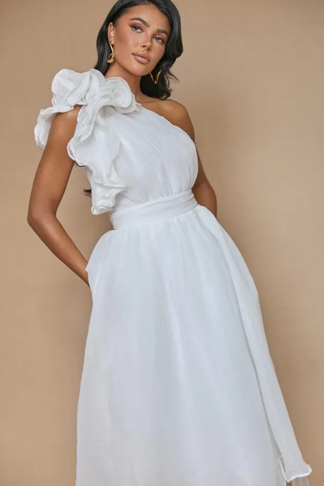 Tia Midi Dress 8211 One Shoulder Frill Detail Fit and Flare Dress In White Women Showpo Dresses