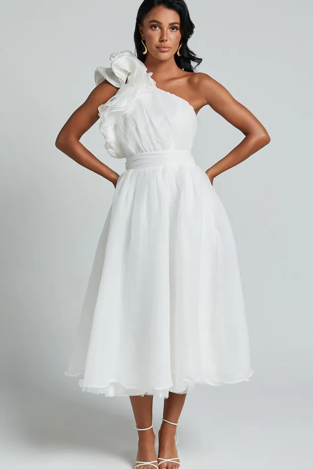 Tia Midi Dress 8211 One Shoulder Frill Detail Fit and Flare Dress In White Women Showpo Dresses