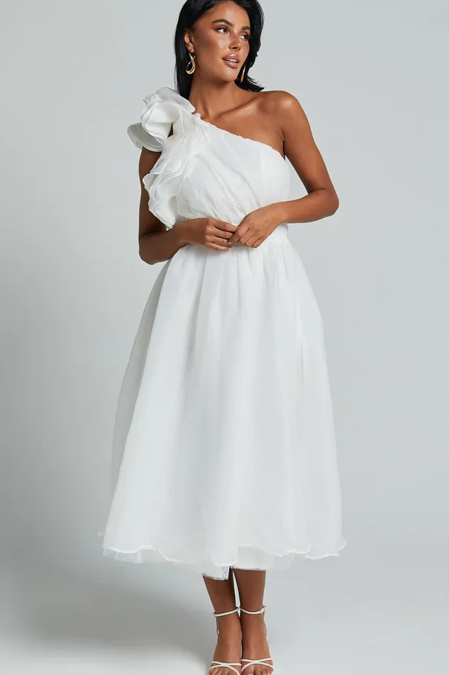 Tia Midi Dress 8211 One Shoulder Frill Detail Fit and Flare Dress In White Women Showpo Dresses