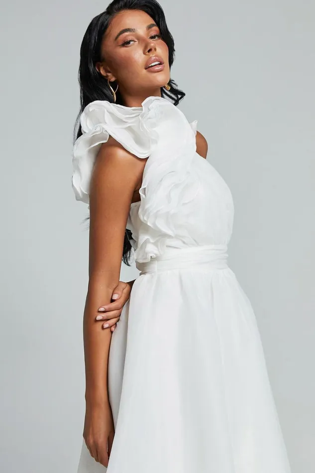Tia Midi Dress 8211 One Shoulder Frill Detail Fit and Flare Dress In White Women Showpo Dresses